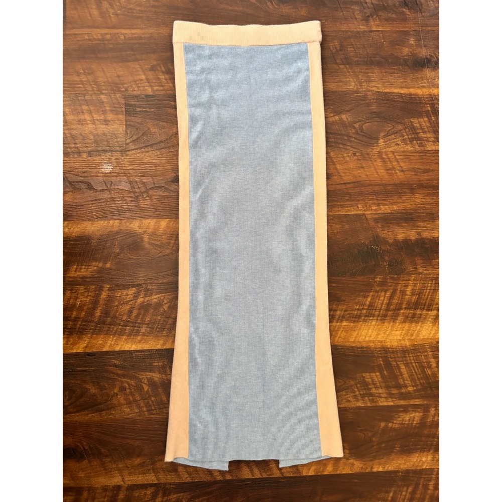 JLUXLABEL Maxi Skirt Women Large Blue Beige Colorblock Ribbed Knit Fitted Slit